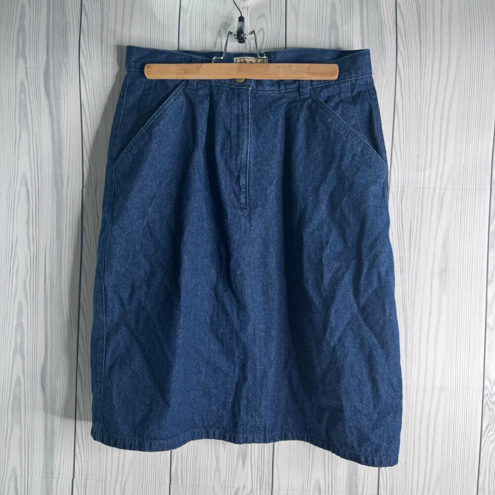 Vintage 1980s Tag LL Bean Denim Skirt Womens 14 Dark Wash Pockets Midi Cotton